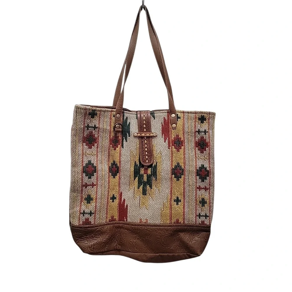 Myra Bag Upcycled Tote Large Purse Repurposed Boho Chic Canvas & Leather